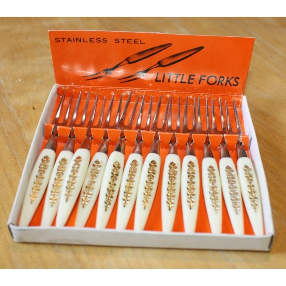 12 Little Cocktail Forks Mini Stainless Steel MCM Gold Embellished Handles